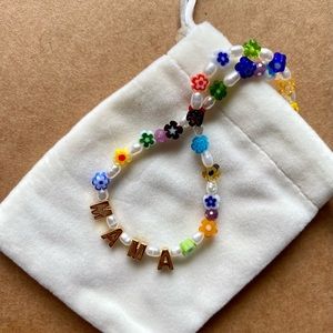 Mama gold letter necklace, millefiore glass beads, freshwater pearl Y2K